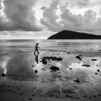 Tandem on the beach under an overcast sky